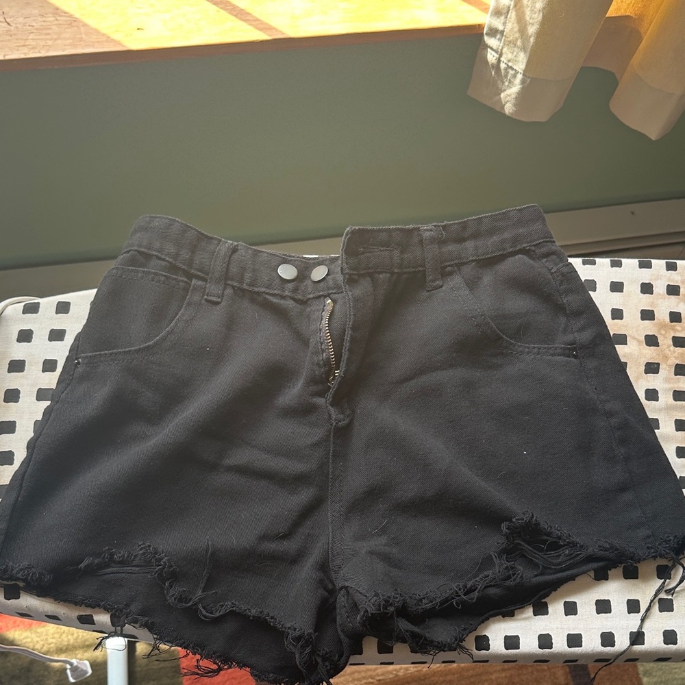 Black Denim Women Shorts with ripped hem